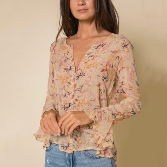 RAGA Norah Blouse XS Sheer Floral Metallic Gold Lurex Chiffon Lightweight Boho - Picture 1 of 8